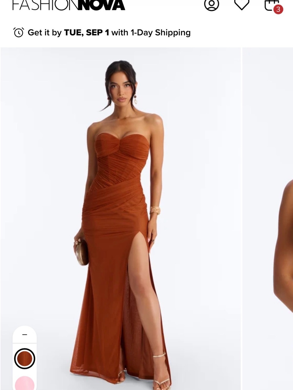 Fashion Nova Burnt Orange Strapless Ruched High-Slit Gown